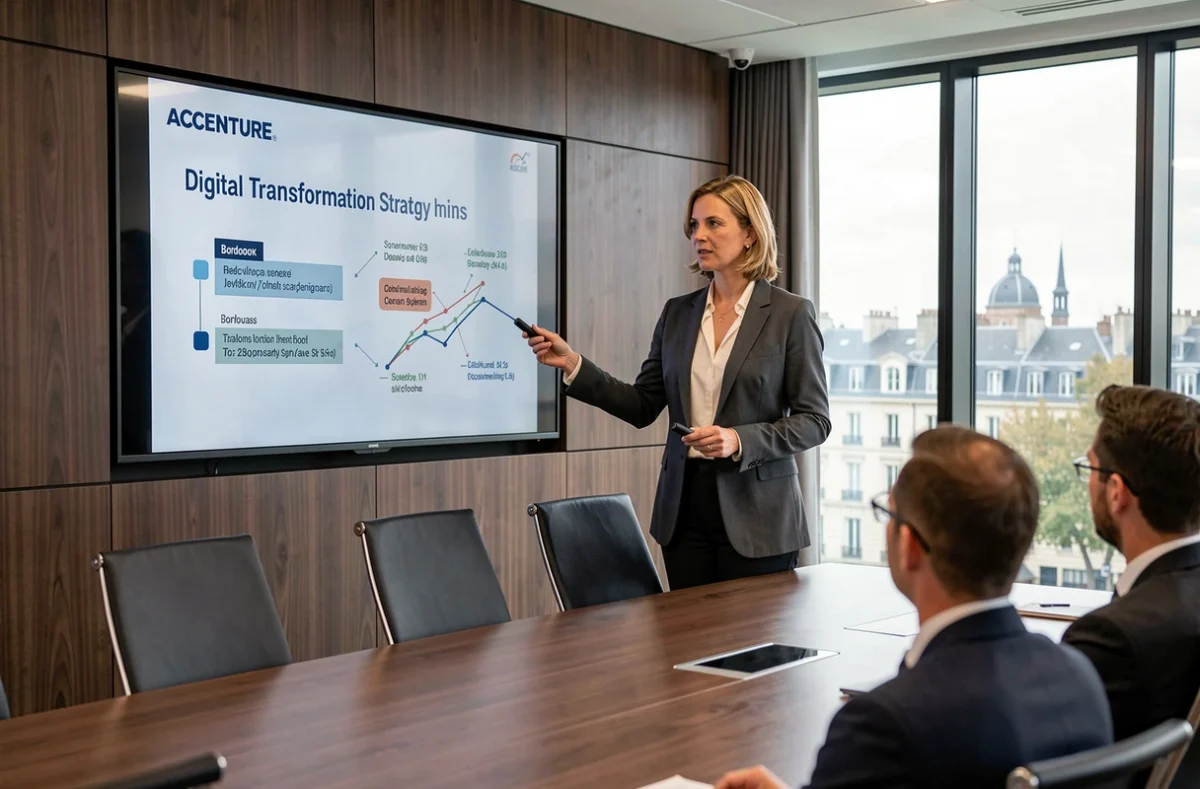 Consultante Accenture présentant une stratégie de transformation numérique dans une salle de réunion haut de gamme
