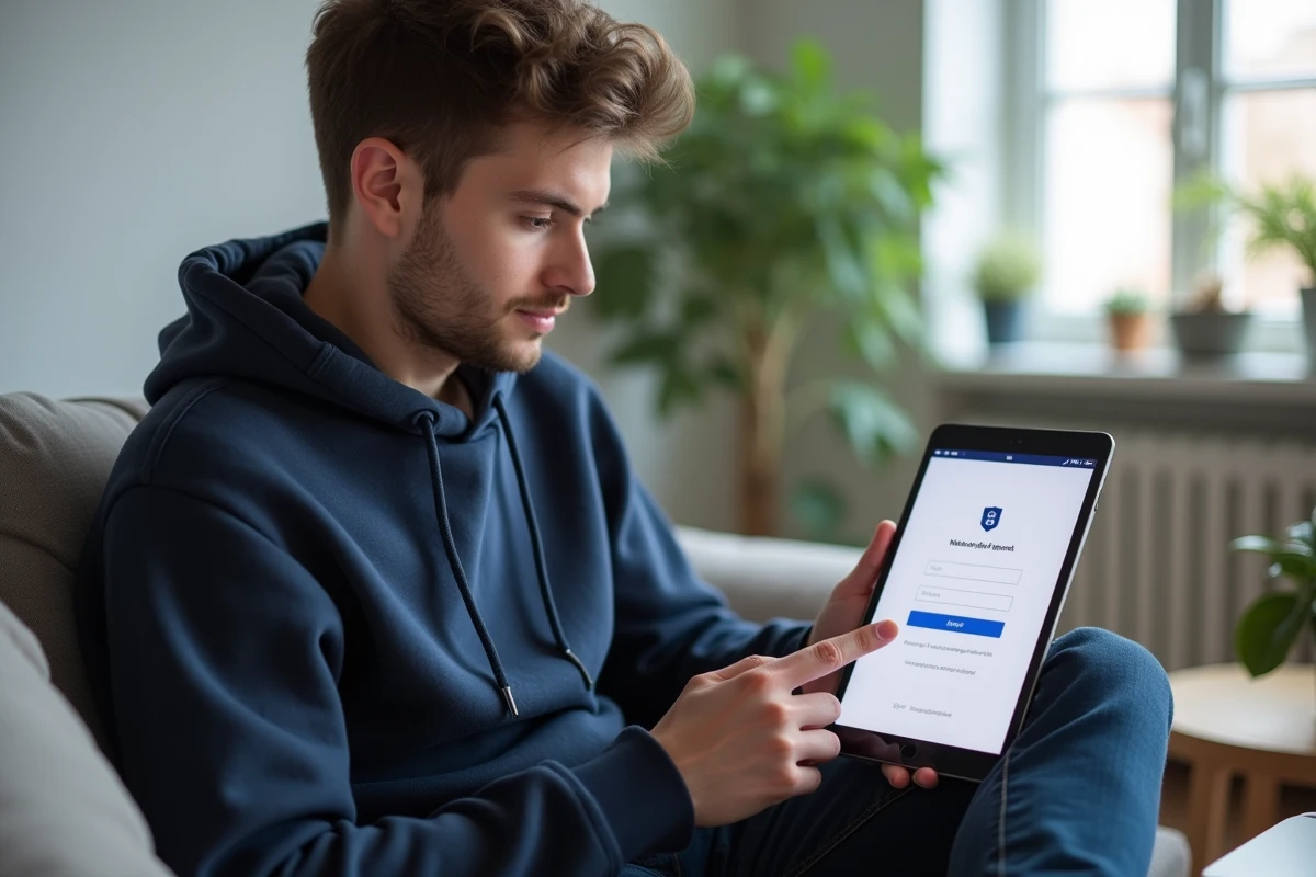 Jeune homme accédant à la messagerie Mel ouvert Caen depuis une tablette dans son salon