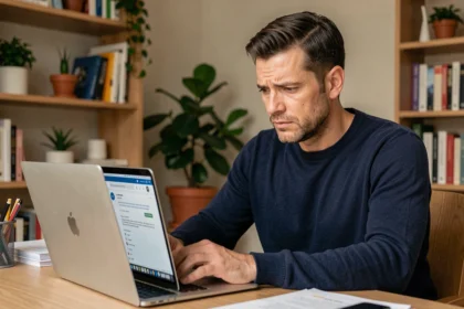 Homme consultant sa messagerie webmail professionnelle HCL depuis son ordinateur portable à domicile