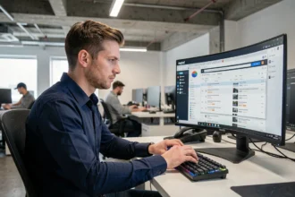 Administrateur système analysant les performances de SOGo Webmail sur un moniteur ultrawide dans un bureau moderne