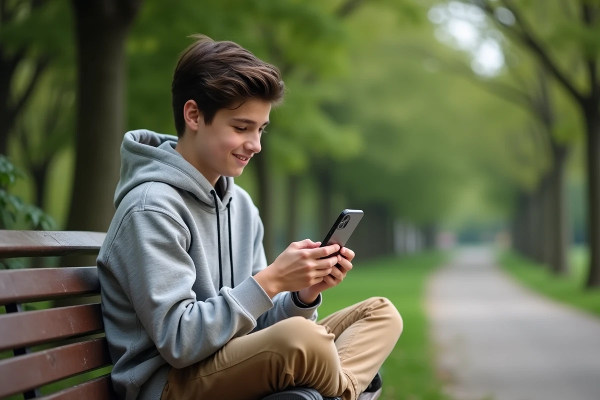 Adolescent assis sur un banc dans un parc utilisant son smartphone