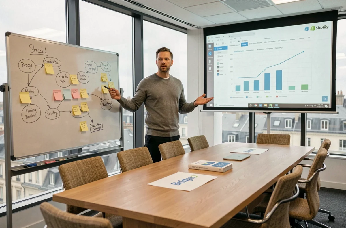 Consultant de l'agence Bridgeo dans le Nord présentant une stratégie e-commerce Shopify sur un tableau blanc dans une salle de réunion avec vue sur la ville