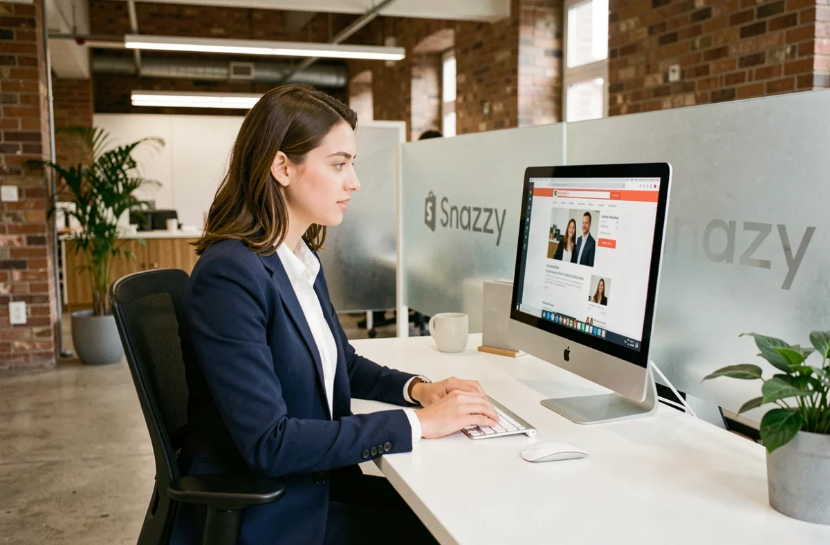 Collaboratrice de l'agence Snazzy à Lille travaillant sur un projet Shopify devant un iMac dans un bureau minimaliste aux murs en brique rénovée