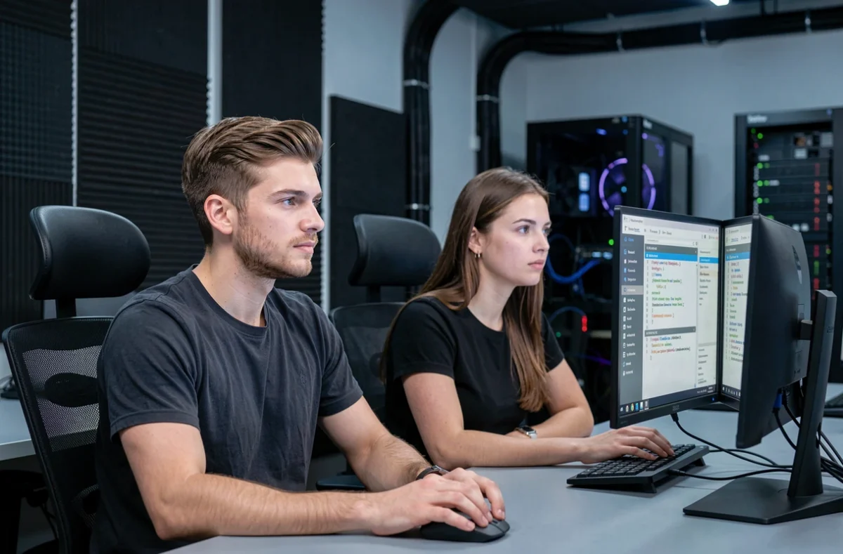 Deux développeurs de l'agence Spiriit travaillant côte à côte sur des postes de développement Shopify et d'audit SEO dans un espace tech moderne aux panneaux acoustiques sombres