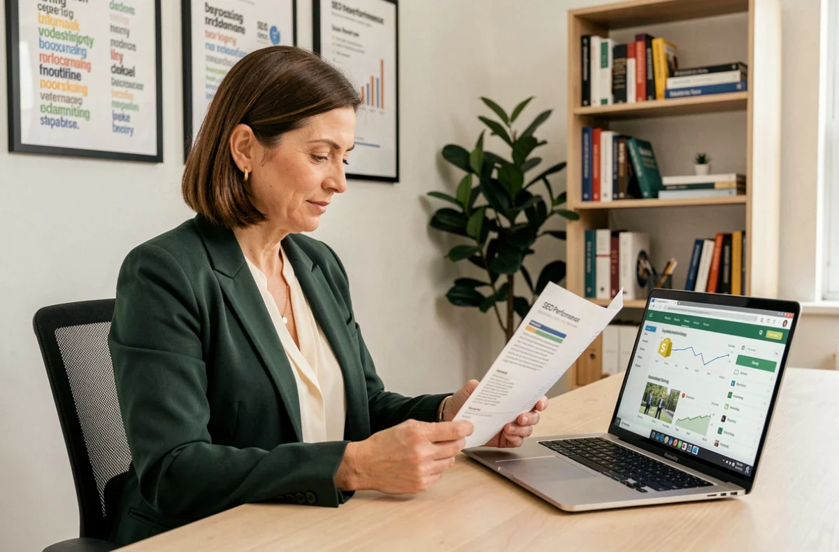 Experte SEO de l'agence Triaina analysant un rapport de performance Shopify imprimé et un tableau de classement en ligne dans un bureau épuré avec des graphiques encadrés au mur