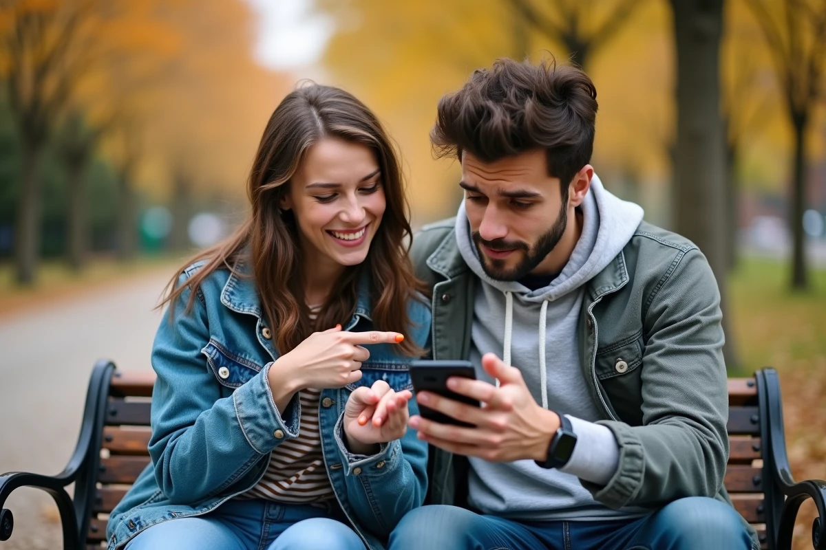 Deux amis regardant ensemble les vues d'une story Instagram à la une sur un téléphone, se demandant si les consultations sont vraiment anonymes