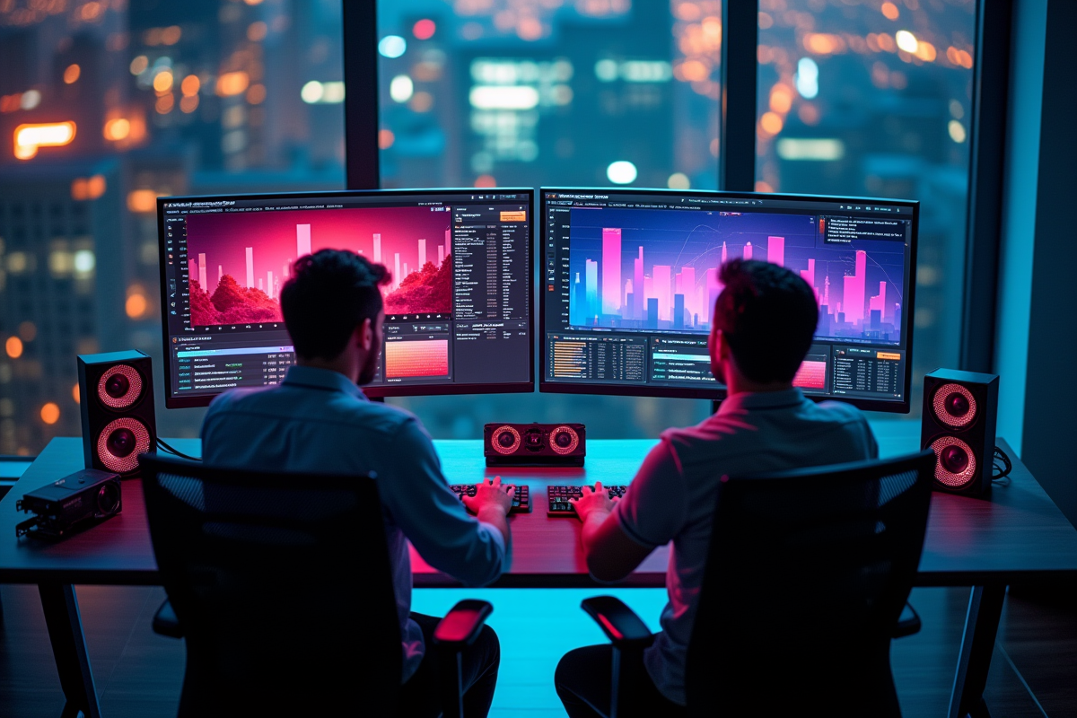 Deux personnes analysant des résultats de benchmark sur deux écrans