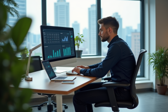 Jeune homme professionnel analysant des données sur un ordinateur