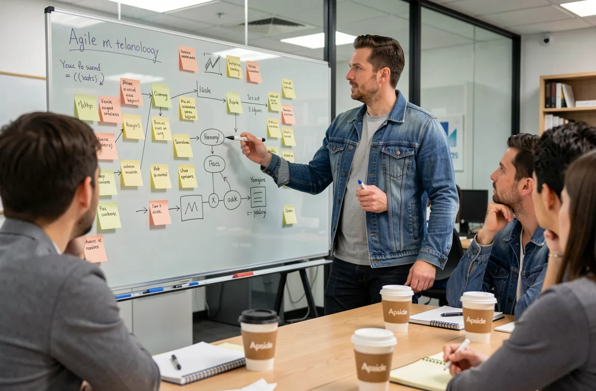 Consultant Apside animant un atelier agile avec des collègues dans une salle de formation moderne