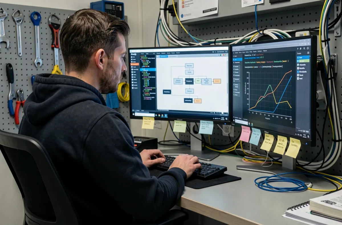 Développeur d'Axome concentré sur trois écrans affichant du code d'intégration API Shopify, un schéma de base de données et des benchmarks de performance dans un espace de travail technique structuré