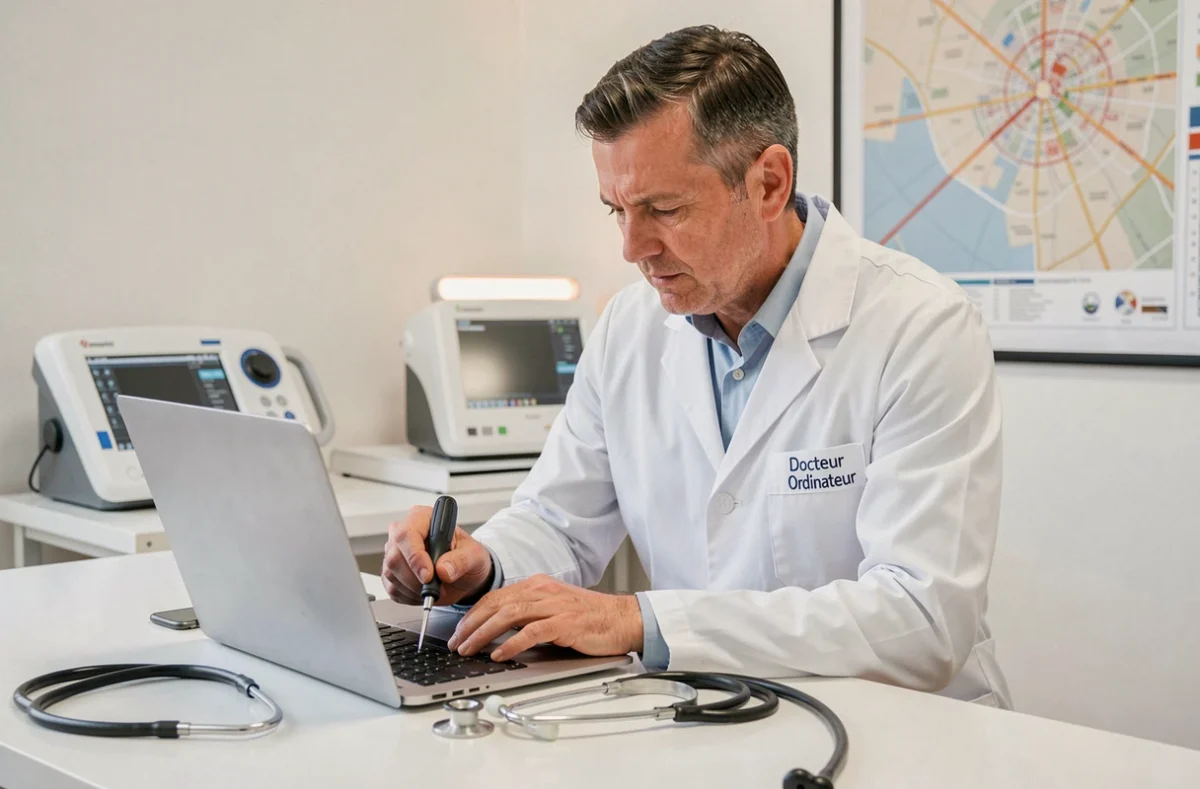 Technicien de BC2i - Docteur Ordinateur Strasbourg examinant un ordinateur portable avec soin