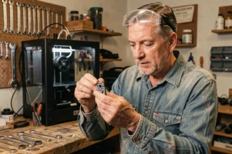 Bricoleur expérimenté examinant une pièce imprimée en 3D dans son atelier maison avec des outils traditionnels en arrière-plan