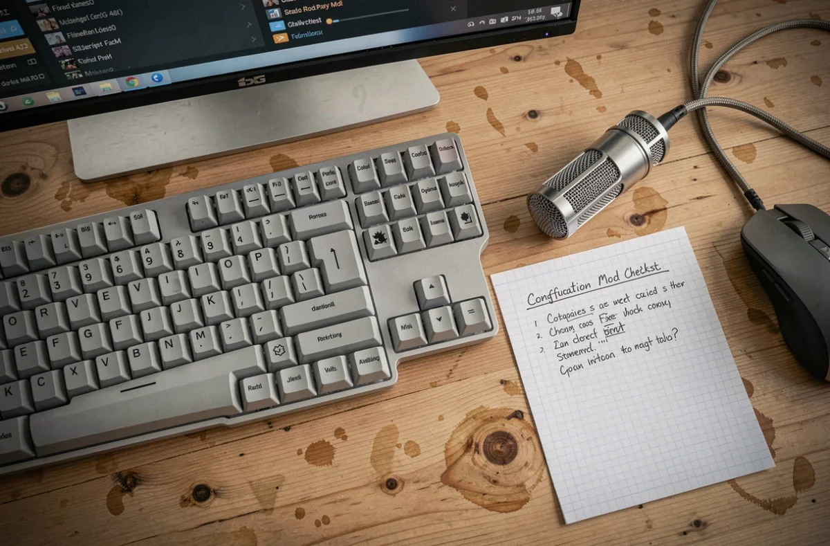 Vue aérienne d'un bureau gaming avec clavier mécanique, microphone USB et notes de configuration RP