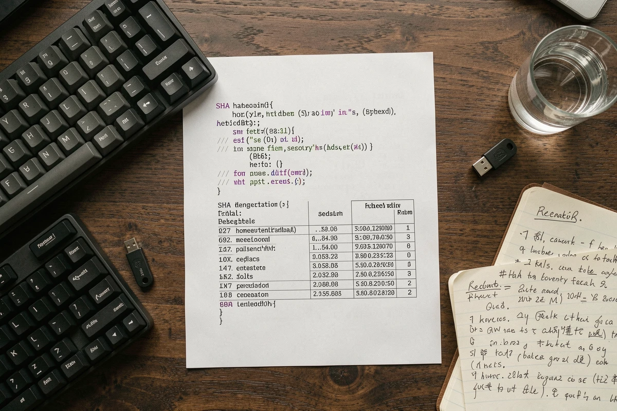 Vue aérienne d'un bureau de chercheur en sécurité avec documents sur les hachages SHA, clé USB de sécurité et notes manuscrites sur le salage cryptographique