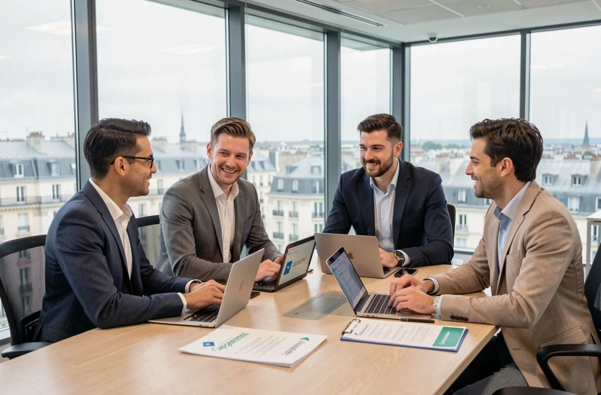 Équipe de consultants Capgemini réunis autour d'une table de réunion moderne en Nouvelle-Aquitaine