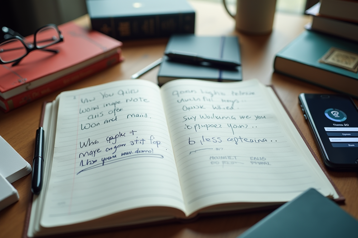 Carnet ouvert avec notes de connexion et fournitures scolaires autour