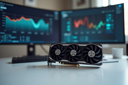 Zoom sur une carte graphique haut de gamme sur un bureau blanc