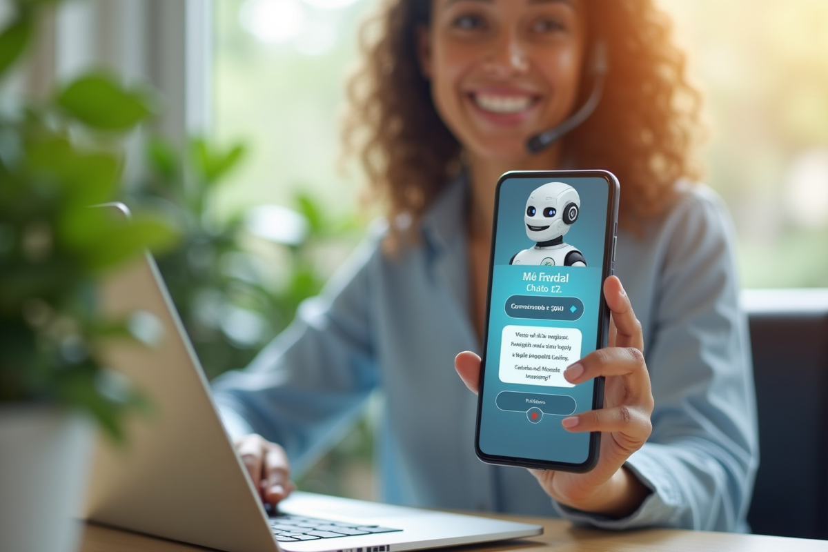 Interface de chatbot convivial sur smartphone tenu par une femme souriante
