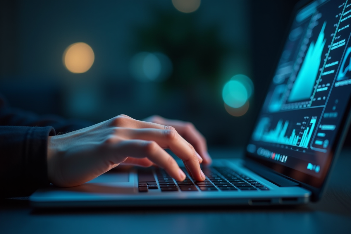 Mains tapant sur un ordinateur portable avec dashboard de securite
