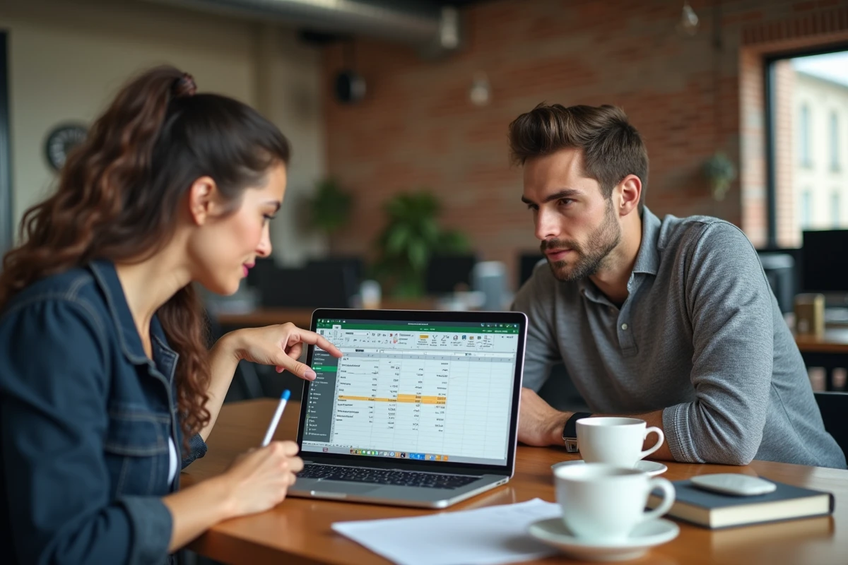 Deux collègues collaborant sur Excel dans un espace de coworking, apprenant à figer des cellules ensemble