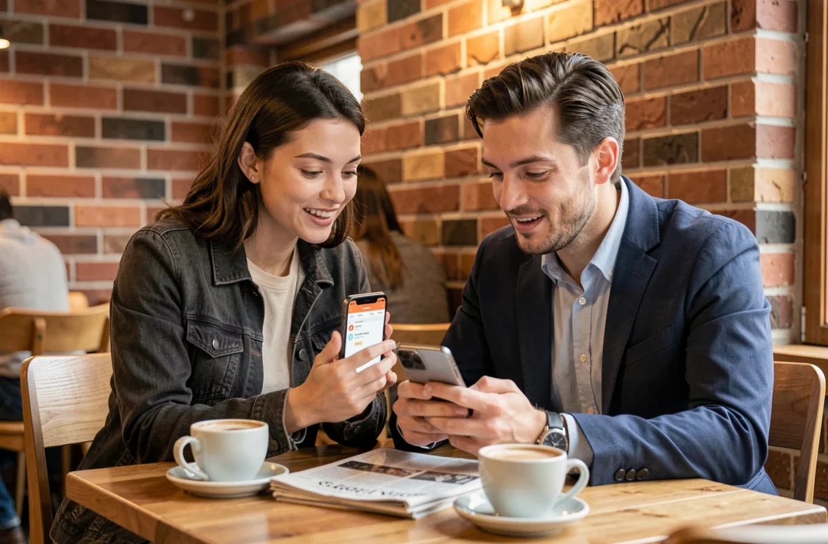 Deux collègues explorant ensemble les réglages simplifiés de l'application RED&Moi sur un téléphone dans un café