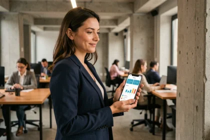Commerciale roumaine utilisant une application mobile sur mesure pour équipe de vente dans un bureau moderne de Bucarest