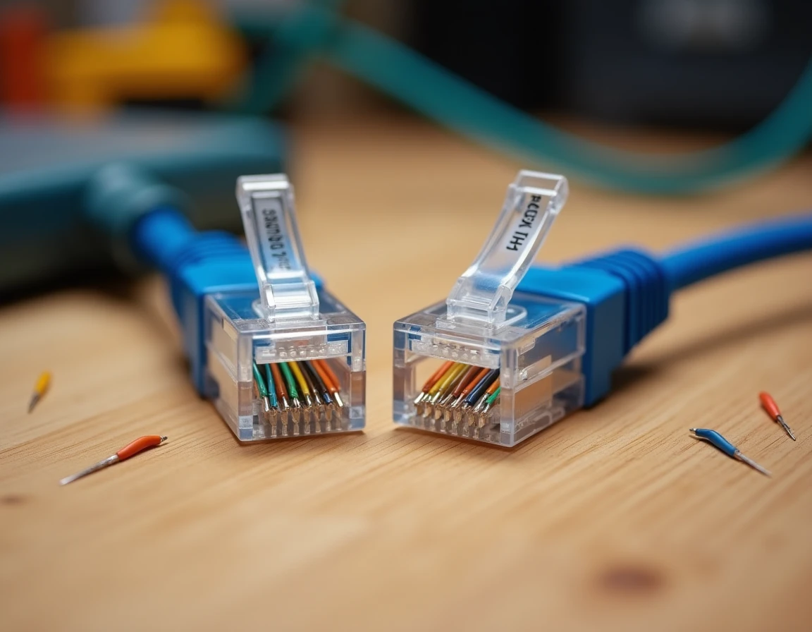 Comparaison côte à côte des câblages RJ45 norme T568A et T568B avec fils colorés visibles dans les connecteurs transparents