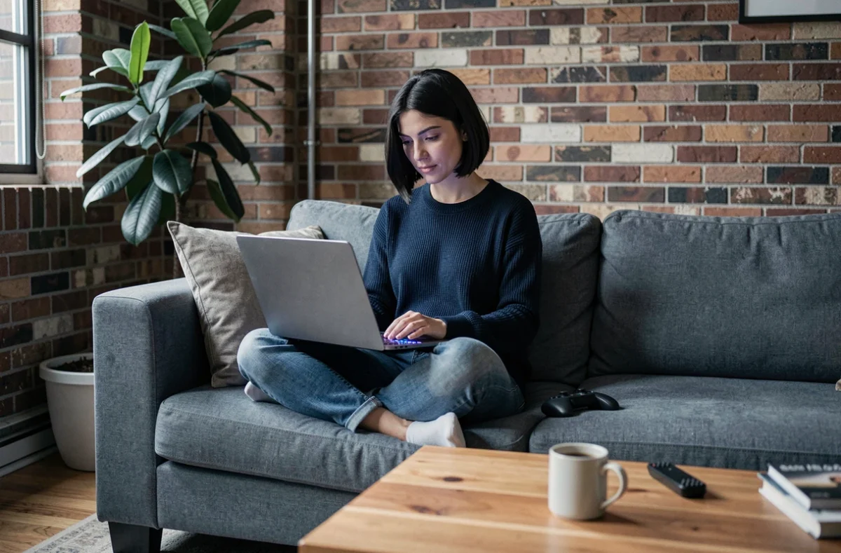 Femme comparant une console portable et un PC portable gaming sur un canapé, test gaming 2026