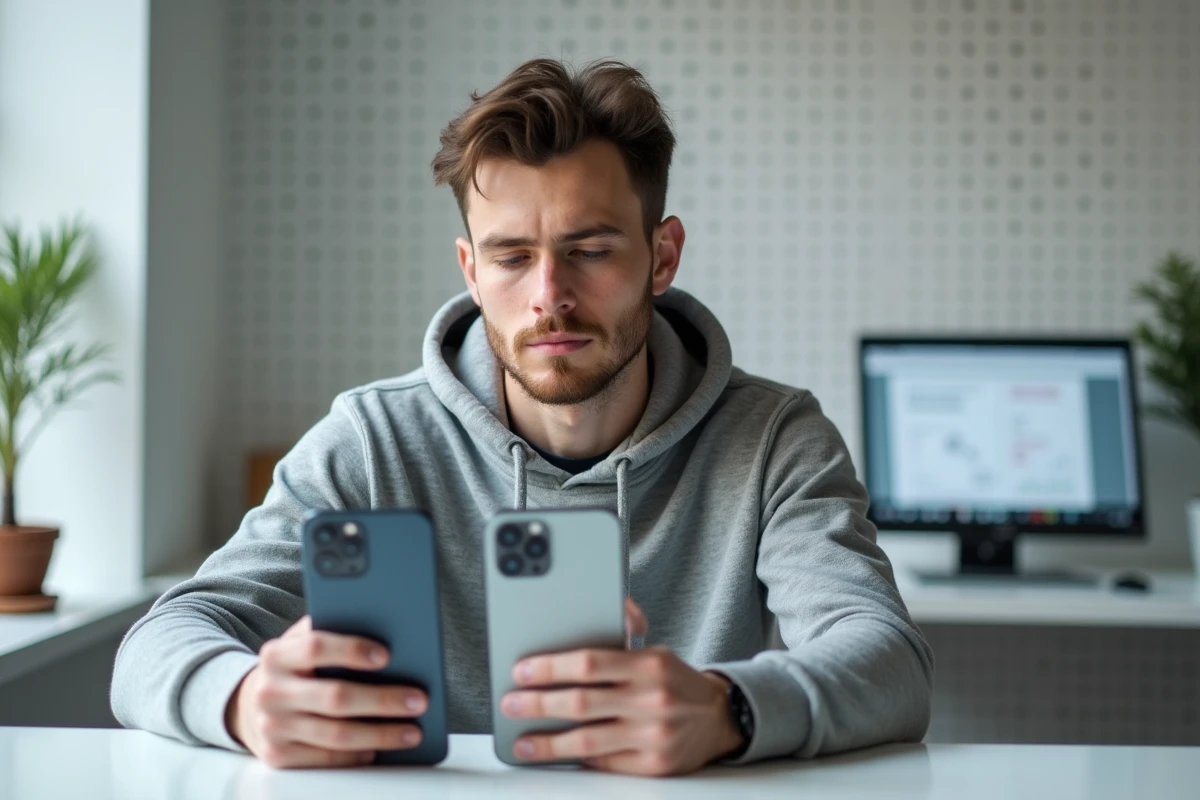 Homme comparant deux écrans de remplacement pour iPhone 11 à son bureau à domicile