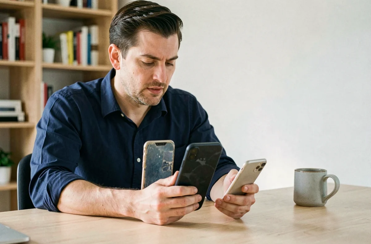 Homme comparant un iPhone SE reconditionné et un modèle neuf sur un bureau à domicile