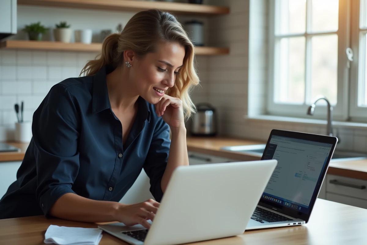 Femme comparant Windows 7 et Windows 10 sur deux ordinateurs portables posés sur une table de cuisine