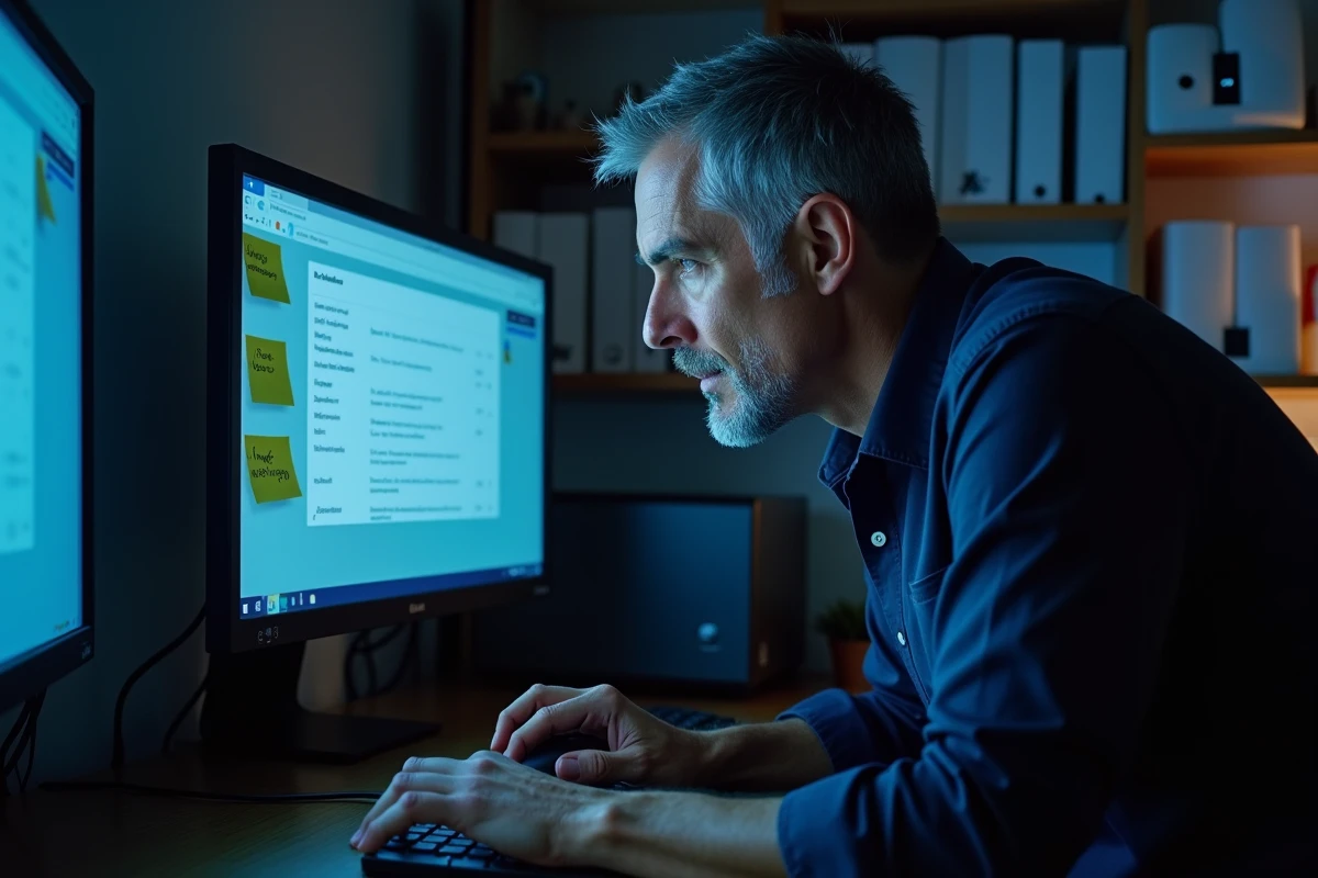 Homme configurant les paramètres DNS sur un ordinateur de bureau pour résoudre un problème de connexion