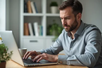 Homme configurant Webmail IONOS sur un ordinateur portable dans un bureau à domicile