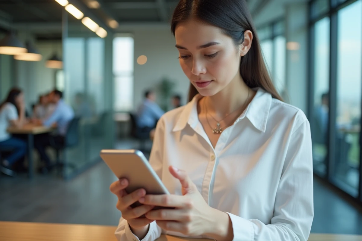 Femme configurant un compte Webmail IONOS sur smartphone Android dans un bureau