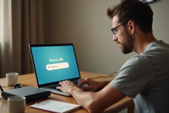 Homme tapant le mot de passe admin sur une page de connexion routeur avec adresse IP 192.168.1.1 affichée sur un écran d'ordinateur portable