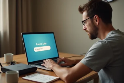 Homme tapant le mot de passe admin sur une page de connexion routeur avec adresse IP 192.168.1.1 affichée sur un écran d'ordinateur portable