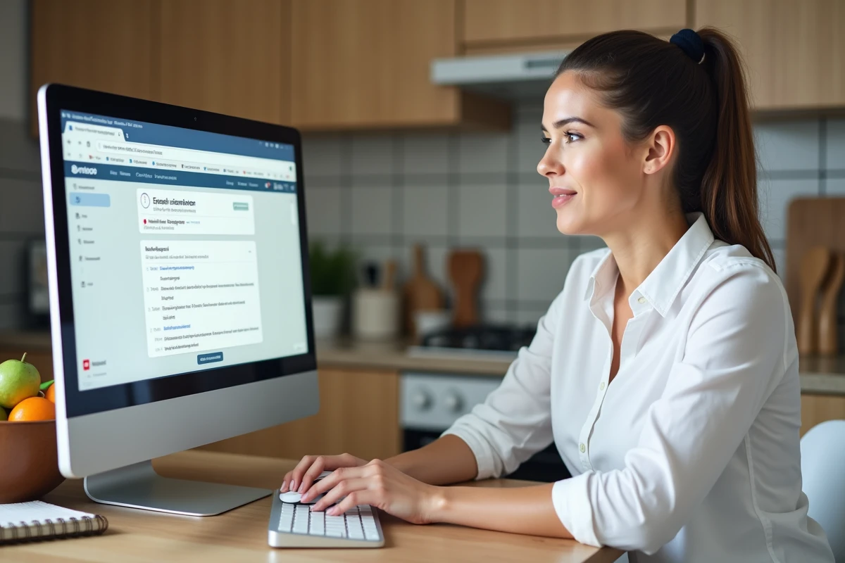 Femme utilisant un ordinateur de bureau pour se connecter à Mel ouvert Caen depuis sa cuisine