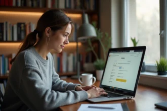 Femme connectée à sa messagerie universitaire Mel ouvert Caen depuis son bureau à domicile