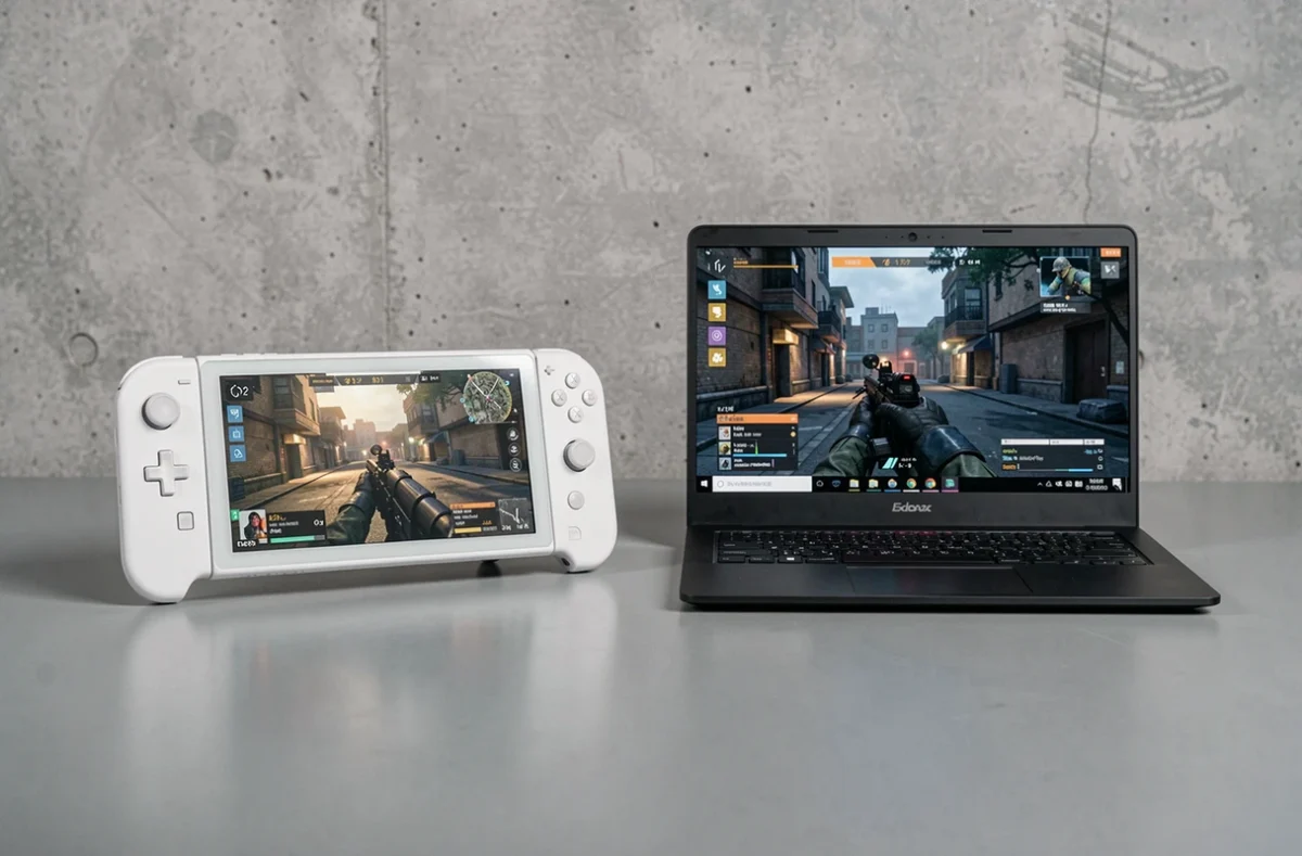 Console portable PS et PC portable gaming côte à côte sur un bureau, comparatif matériel gaming 2026