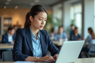 Une contractuelle se connecte au portail Arena Aix-Marseille sur son ordinateur portable dans un bureau scolaire