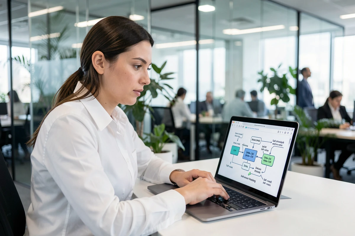 Professionnelle en cybersécurité travaillant sur un diagramme de hachage SHA-256 et de salage de mots de passe dans un bureau moderne