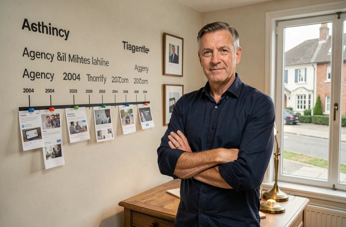 Dirigeant de Dedi Agency, fondée en 2004, devant une chronologie murale de projets Shopify jalonnant l'histoire de l'agence dans un bureau chaleureux au parquet bois et cadres de réalisations clients