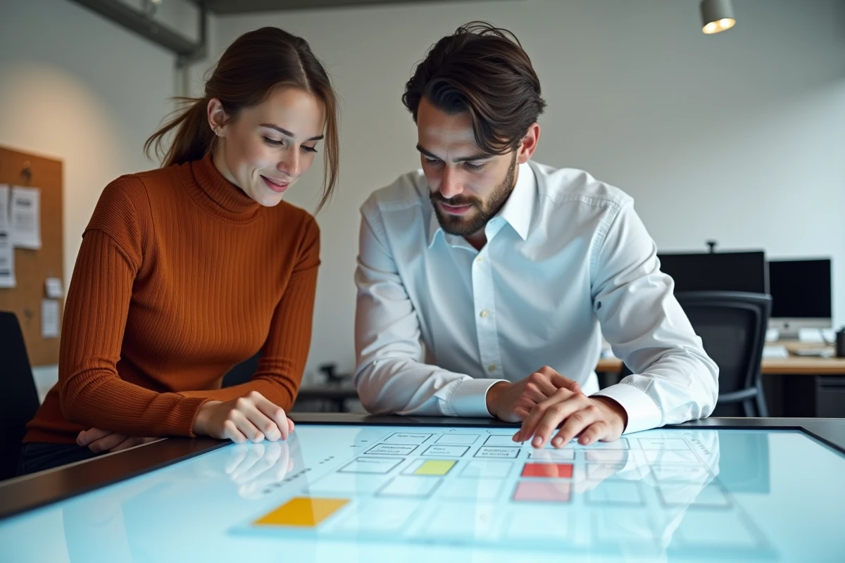 Deux designers UX collaborant sur une table tactile pour planifier une mise en page web avec des colonnes de hauteurs égales grâce à Flexbox