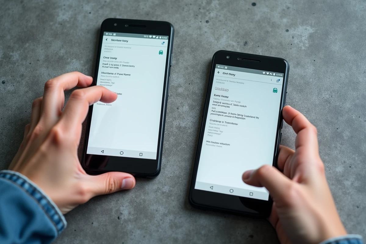 Deux smartphones Android posés côte à côte affichant les menus du presse-papiers avec une main pointant l'écran