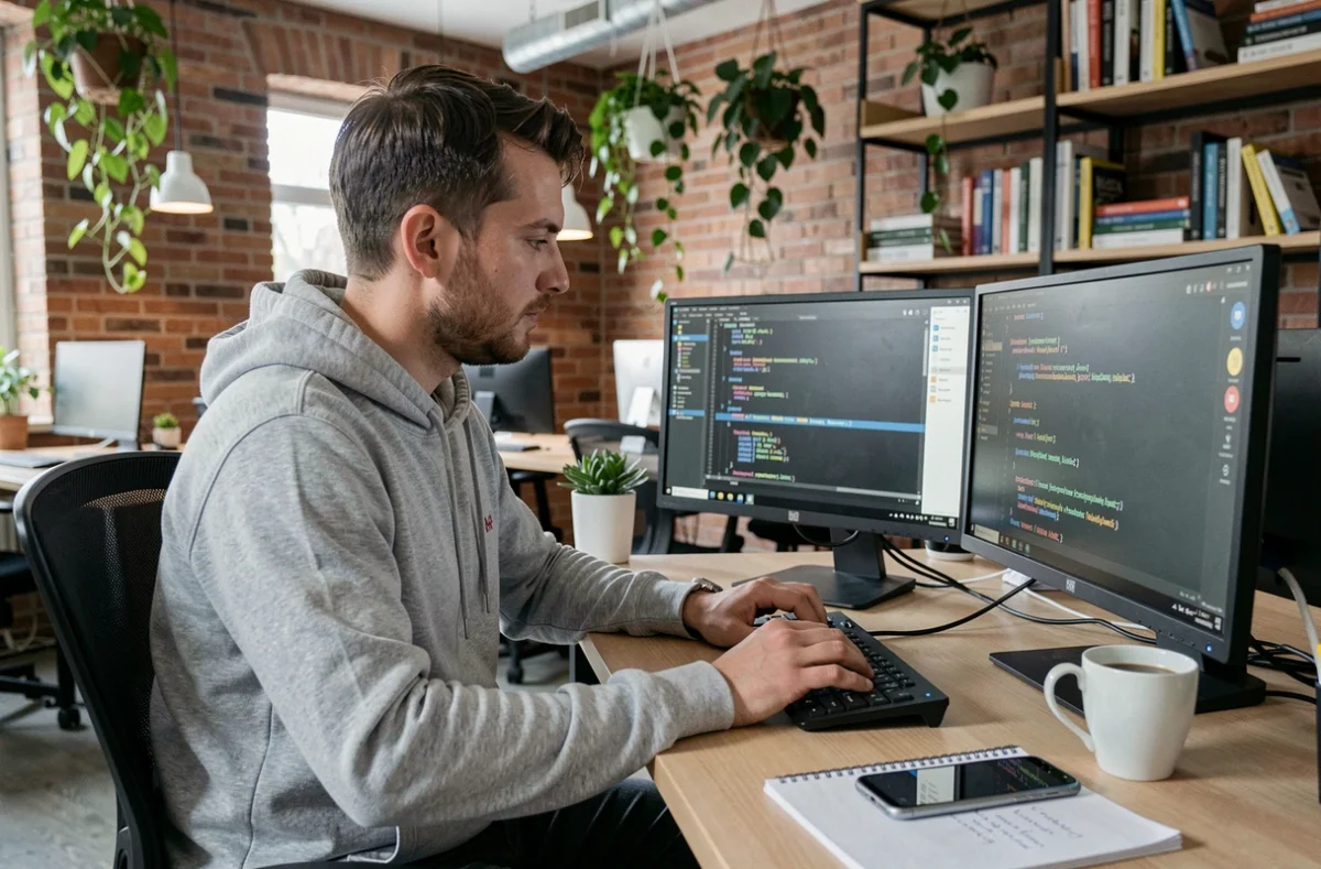 Développeur informatique roumain codant une application mobile sur mesure pour équipe commerciale dans un bureau de startup