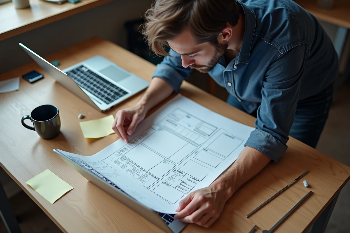 Développeur web comparant une maquette imprimée à des outils CSS dans un espace de travail collaboratif avec des annotations manuscrites