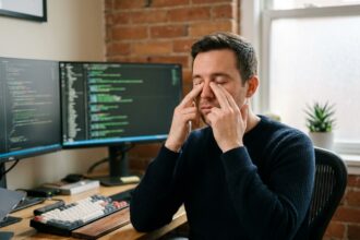 Développeur informatique soulagant sa fatigue visuelle en posant les doigts sur ses yeux fermés devant ses écrans de code en hiver