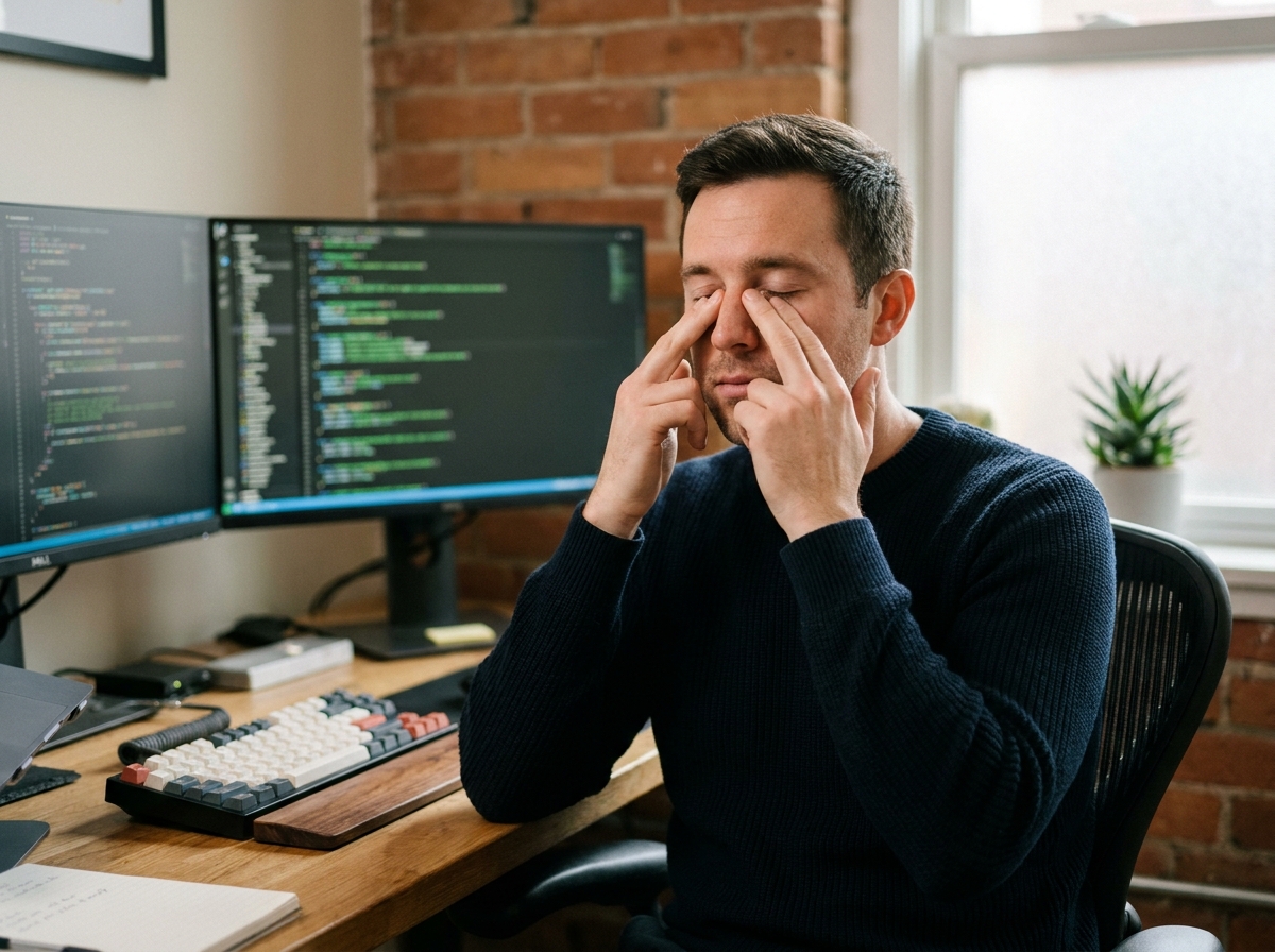 Développeur informatique soulagant sa fatigue visuelle en posant les doigts sur ses yeux fermés devant ses écrans de code en hiver