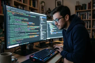 Développeur informatique analysant des hachages SHA sur un écran ultrawide dans un bureau à domicile, illustrant la sécurité des mots de passe