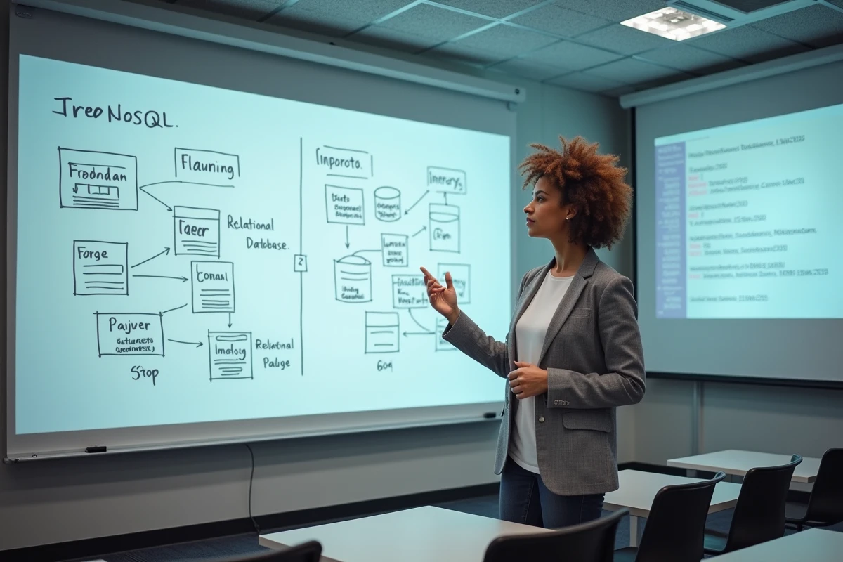 Développeuse expliquant les différences entre modèles relationnels et NoSQL sur un tableau blanc en salle de cours